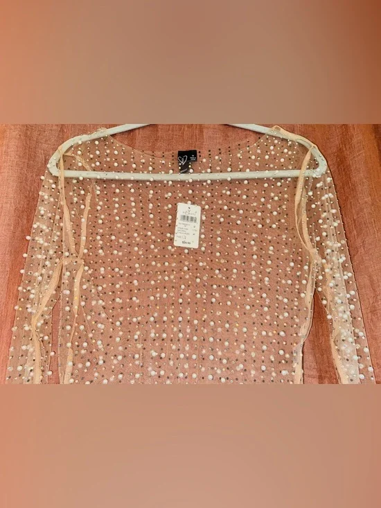 NWT Windsor Beautifully Beaded Mesh Crop Top in Natural (Nude) size Medium - Picture 7 of 11